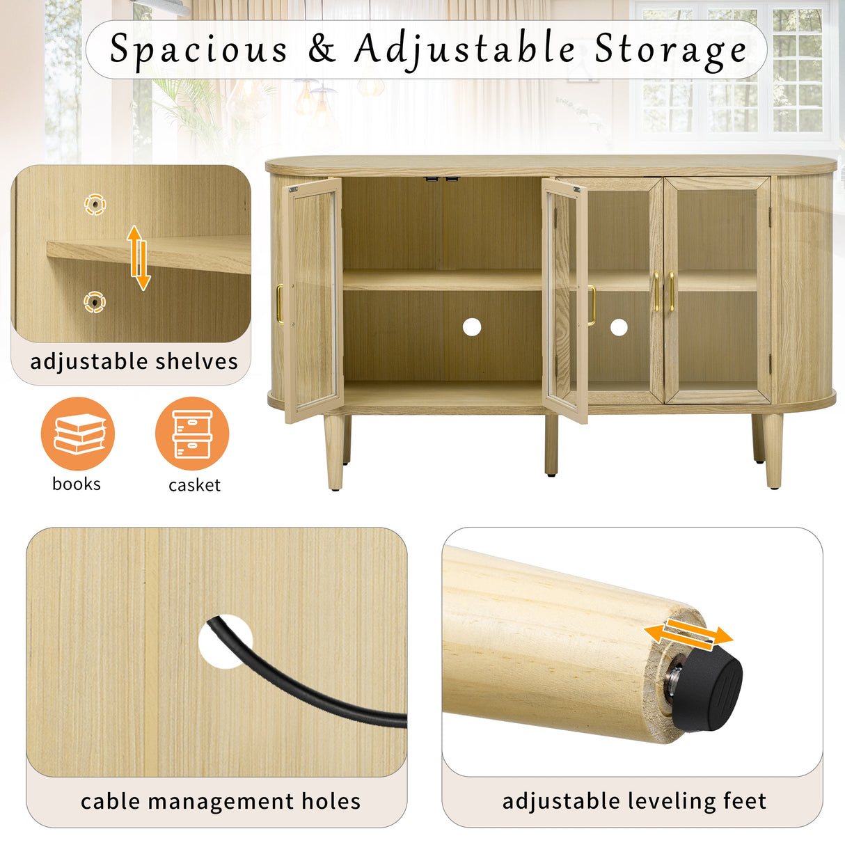 Wood Buffet Cabinet with Glass Doors and Adjustable Shelves