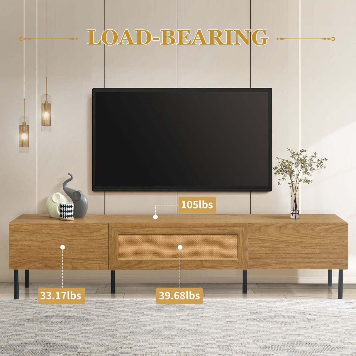 Boho TV Stand for TVs Up to 80" with Rattan Decoration and Metal Legs