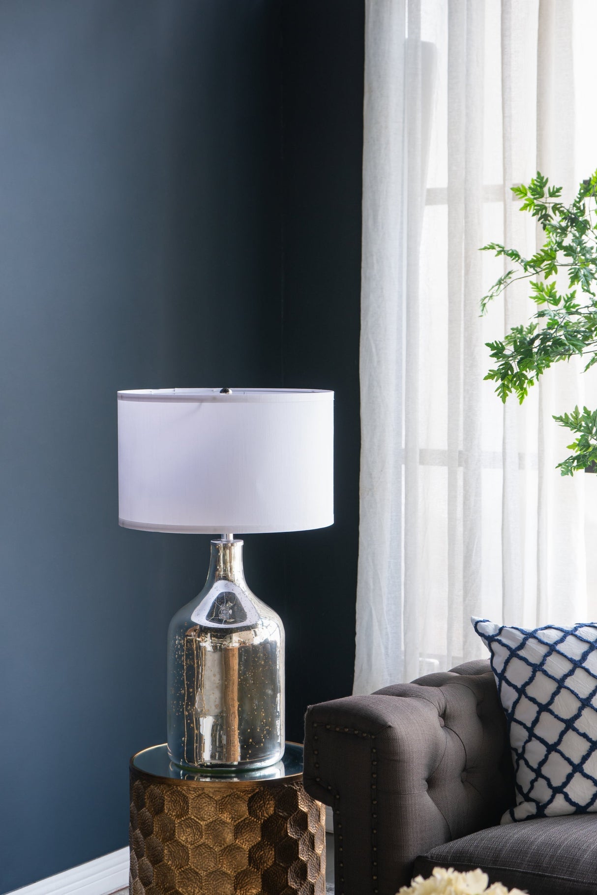 Silver Round Table Lamp with White Fabric Shade