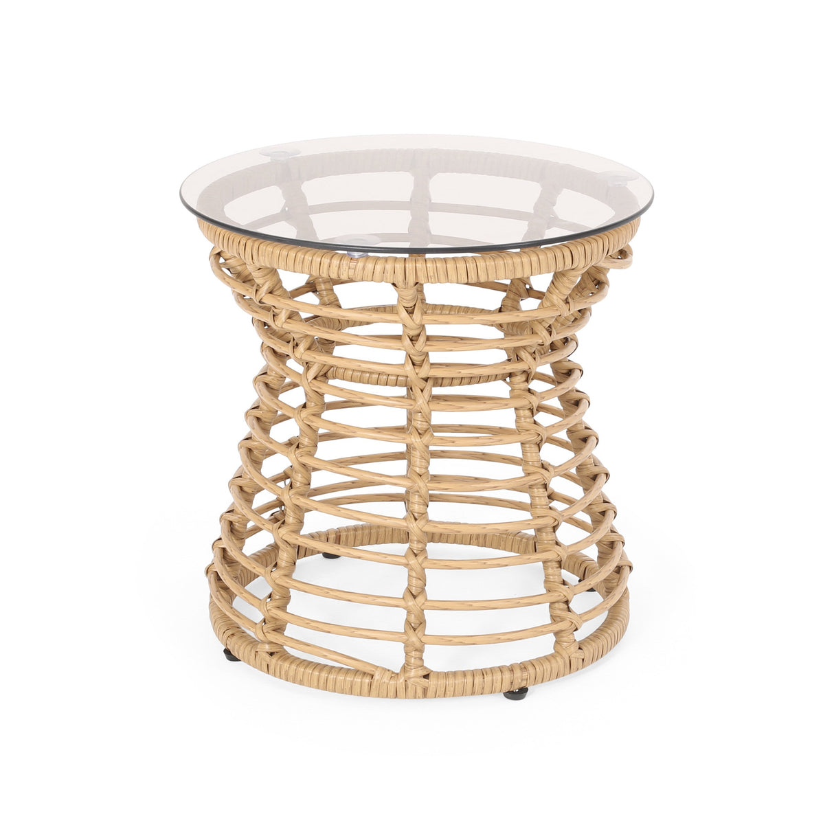 San Pedro Boho Style Side Table with Tempered Glass Top in Light Brown Rattan