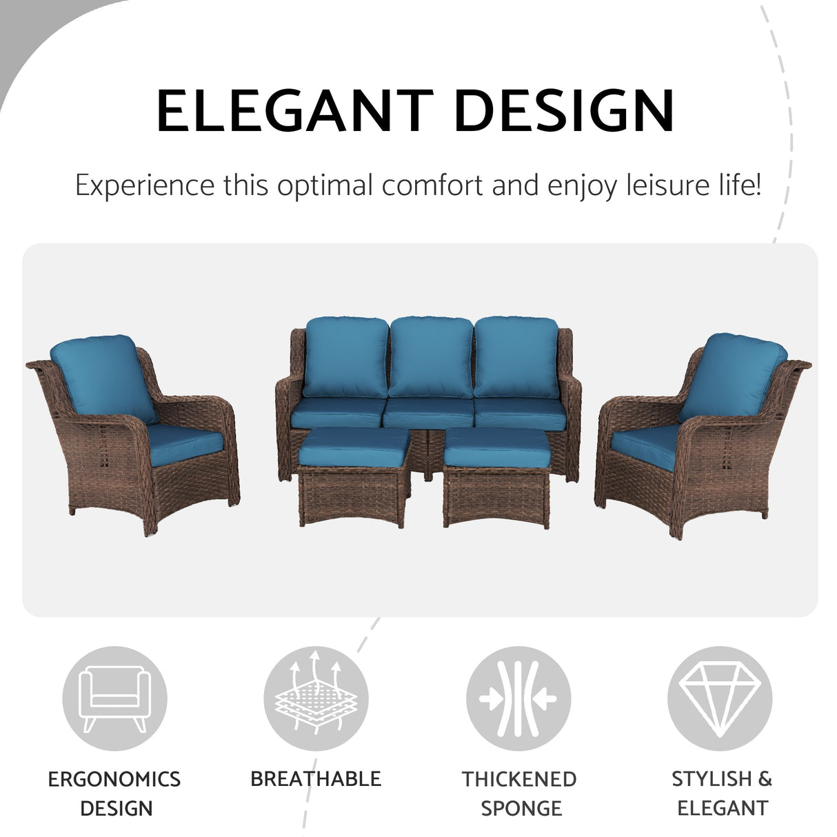 Patio Furniture Set Rattan Outdoor Sectional Conversation Sets 5-Piece Peacock Blue