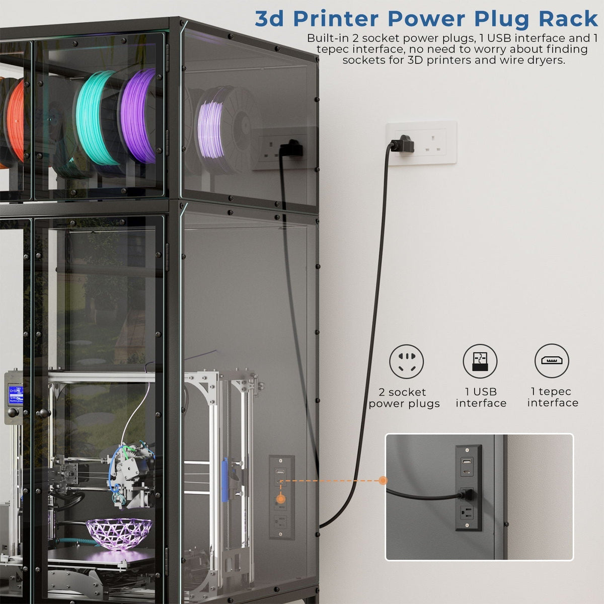 3D Printer Cabinet With Double Layer Filament Storage, T-Shaped Filament Bar, Noise Reducing And Dust Proof Design - Black