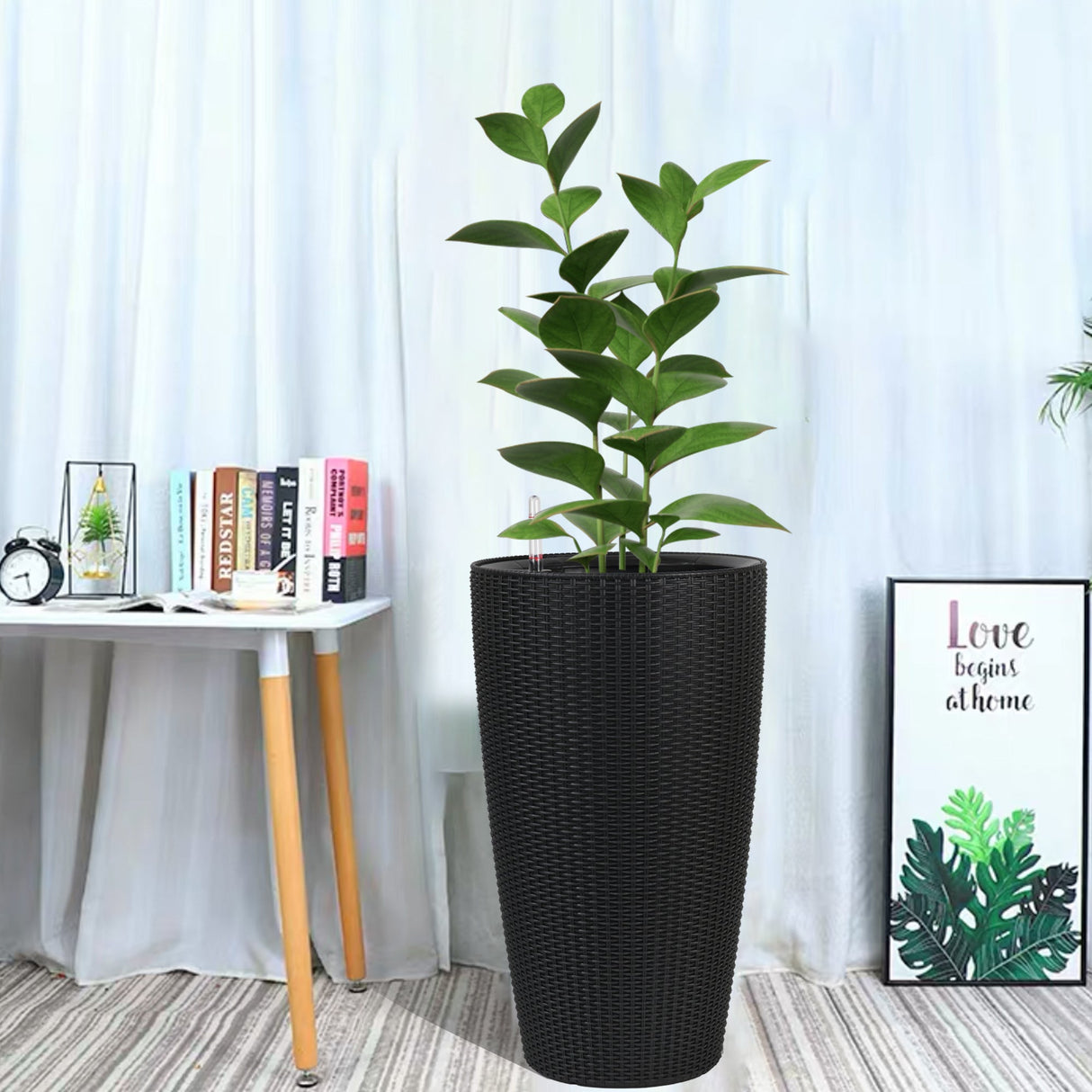 Set of 2 Faux Rattan Tall Planters with Automatic Watering System