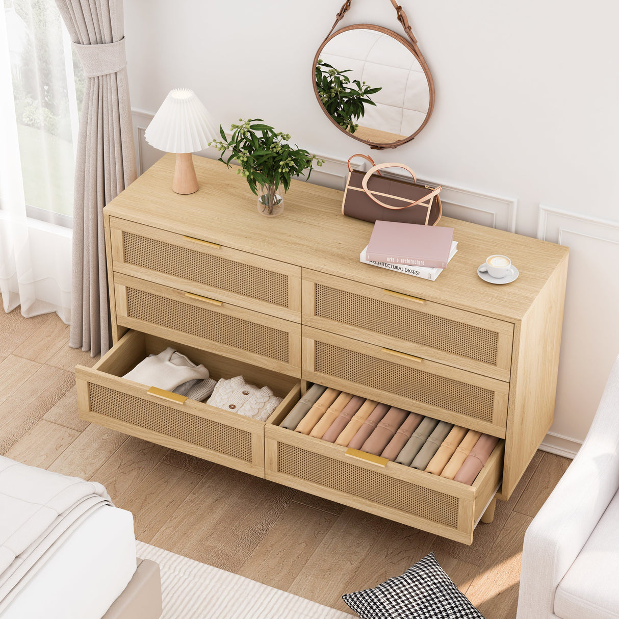 51.18' 6-Drawer Rattan Storage Cabinet Natural