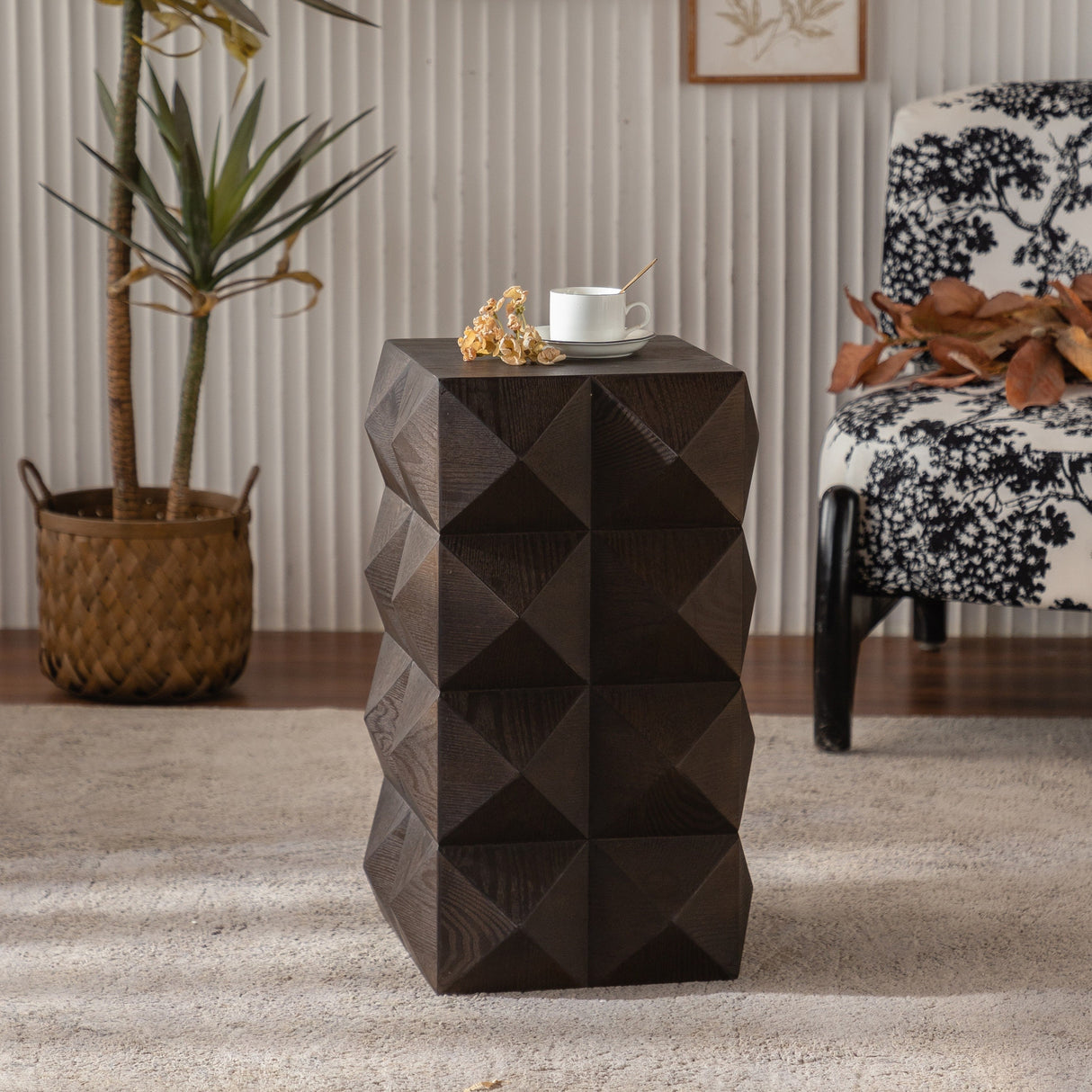 Retro Wooden Side Table with 3D Embossed Design