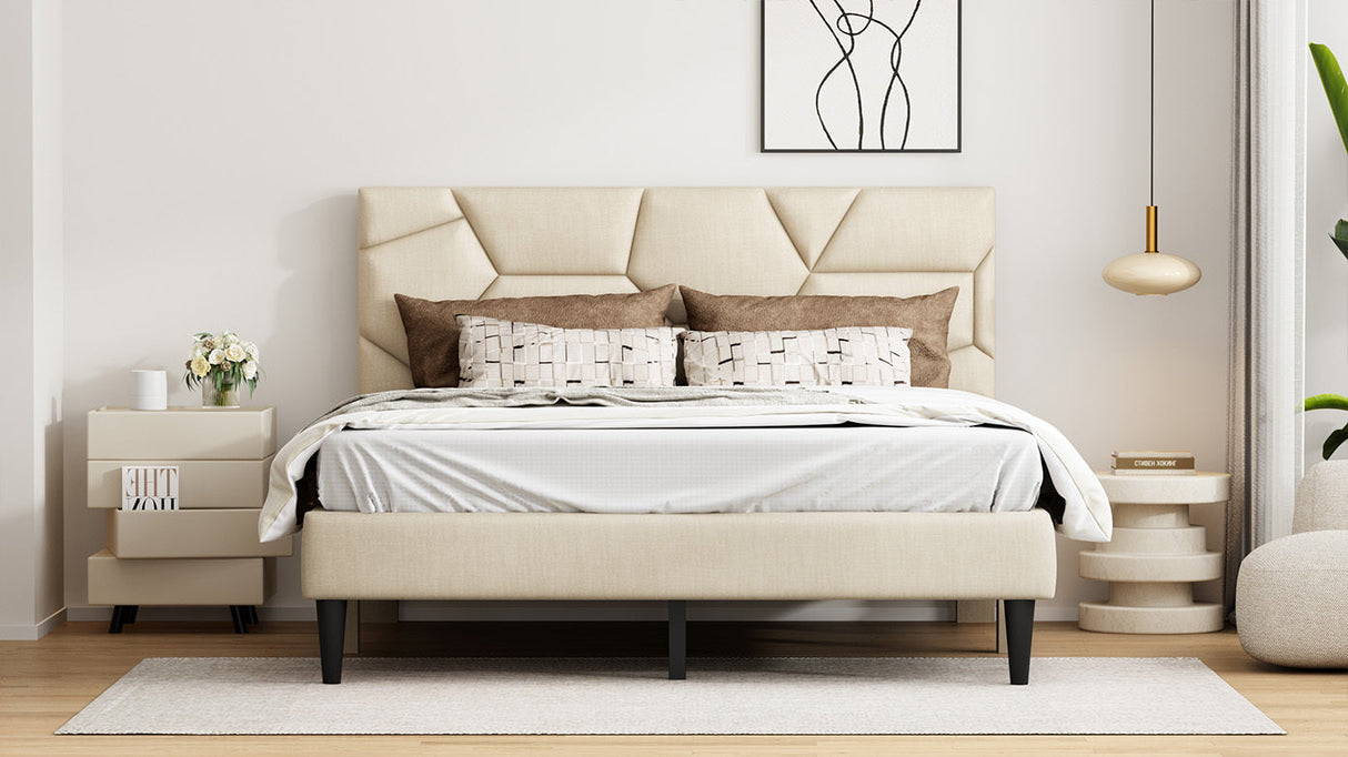 Queen Bed Frame with Linen Storage Headboard in Beige