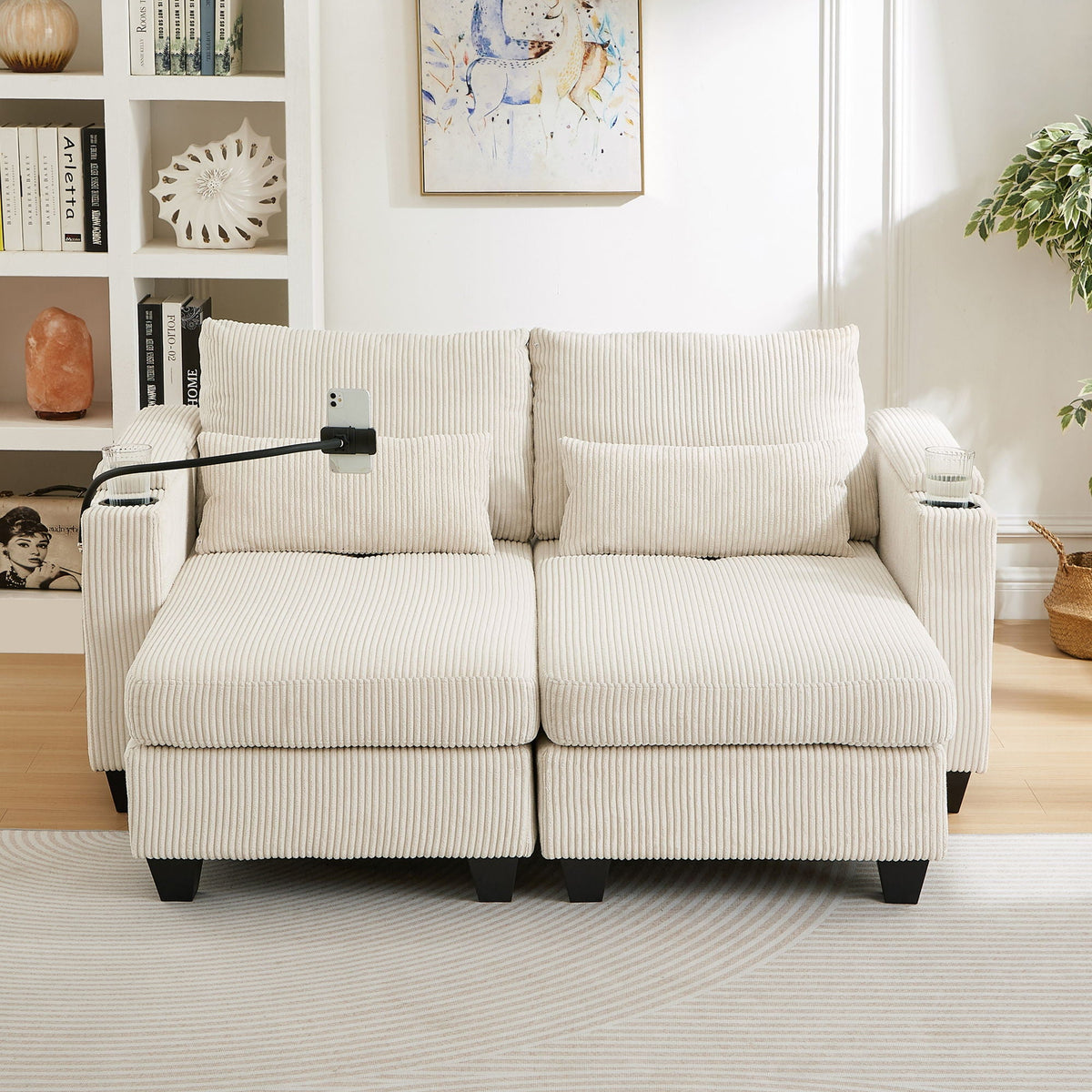 Convertible Chaise Lounge Sofa Chair With USB Ports, Cup Holders, Phone Holder And Storage