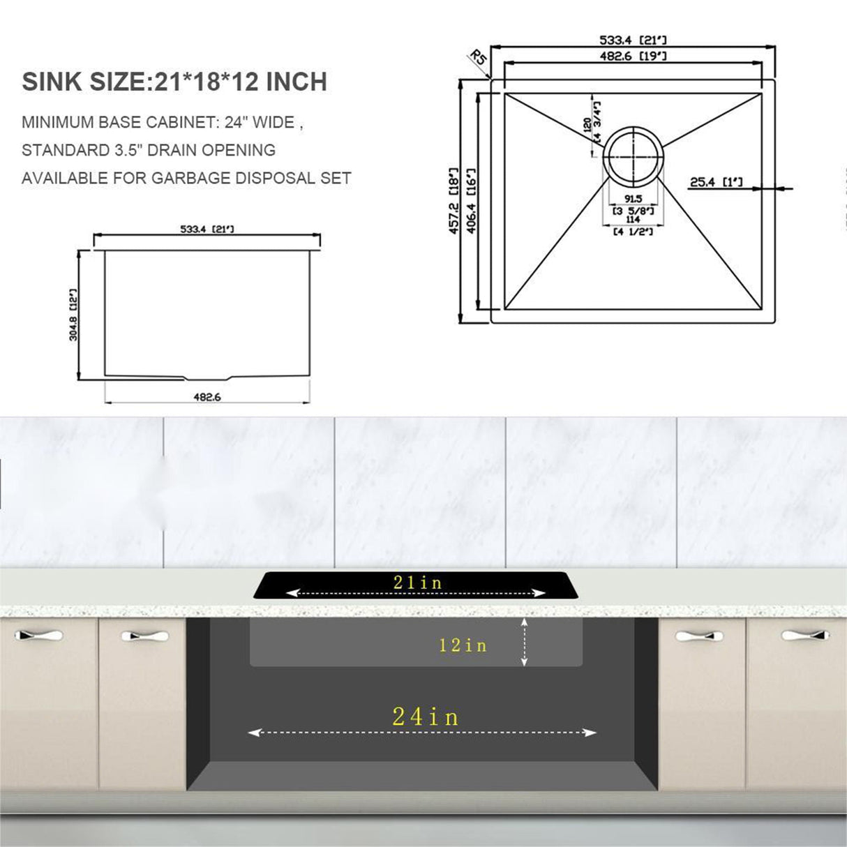 Modern Undermount Stainless Steel Kitchen Sink 16 Gauge, Deep Single Bowl