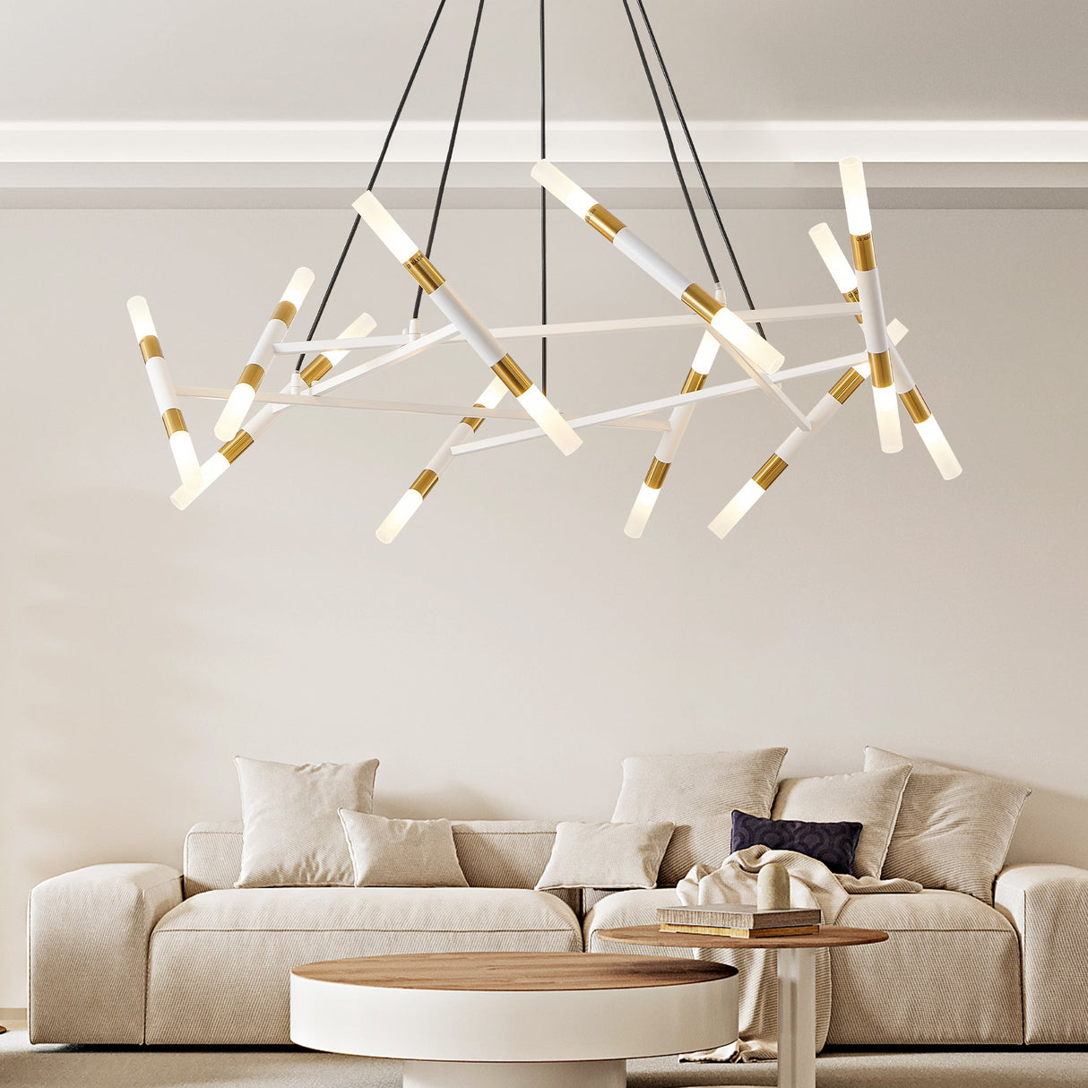 41' White & Golden Modern Chandelier Light Fixture, Branch Design with Frosted Tubes, Black Cords, Adjustable Height Pendant Light for Dining Room, Living Room, or Kitchen Island (Bulb Not Included)