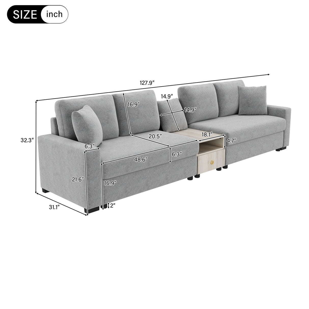 Modular Sofa Couch With Storage Armrest and Center Console