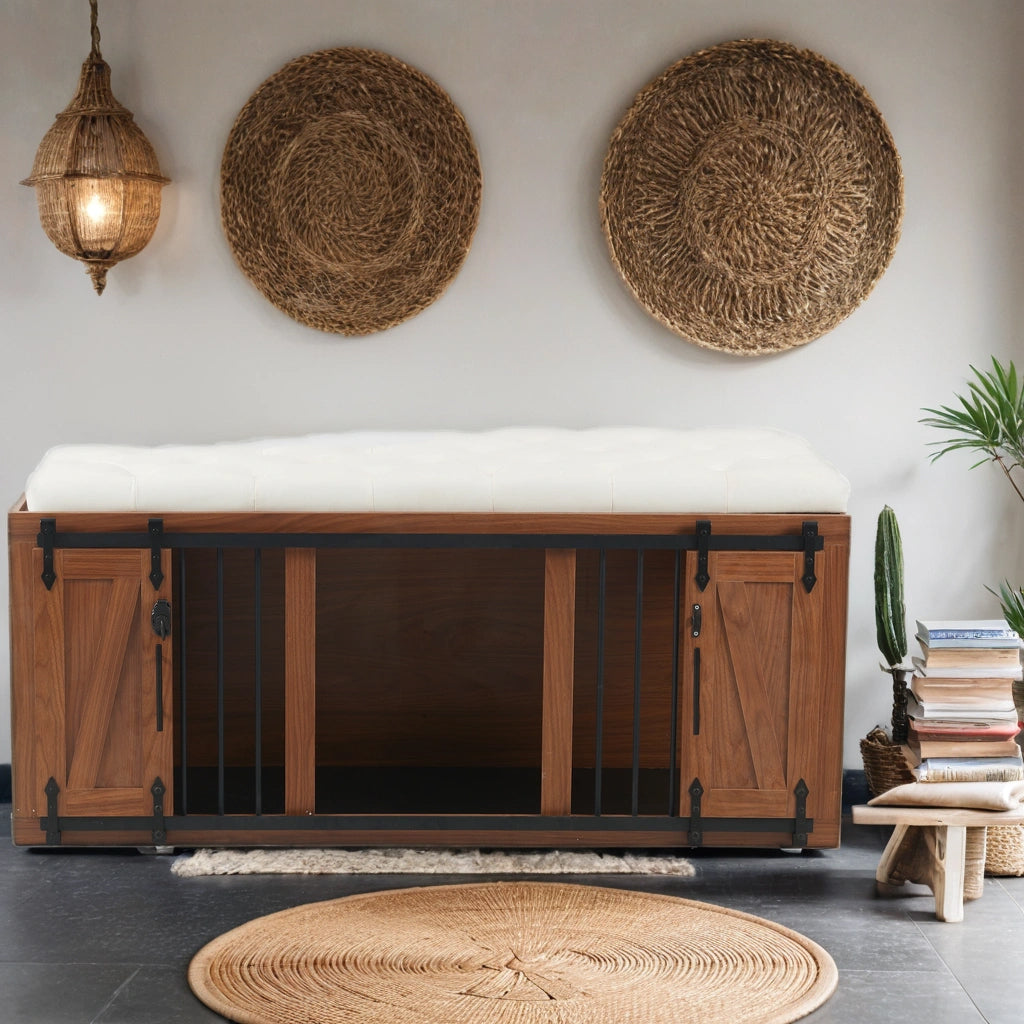 2 in 1 Dog Crate with Padded Seat Walnut 56'L Furniture Style