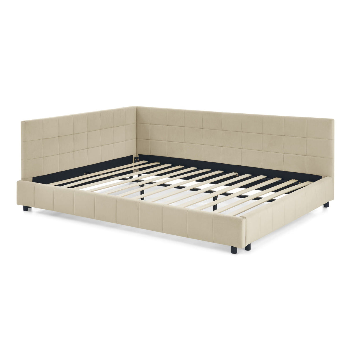 Mid-Century Storage Upholstered Tufted Bed Frame With Backrest And Armrests