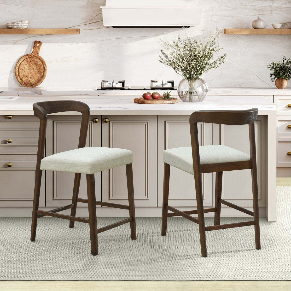 Solid Rubber Wood Counter Stools (Walnut + Beige) Set of 2