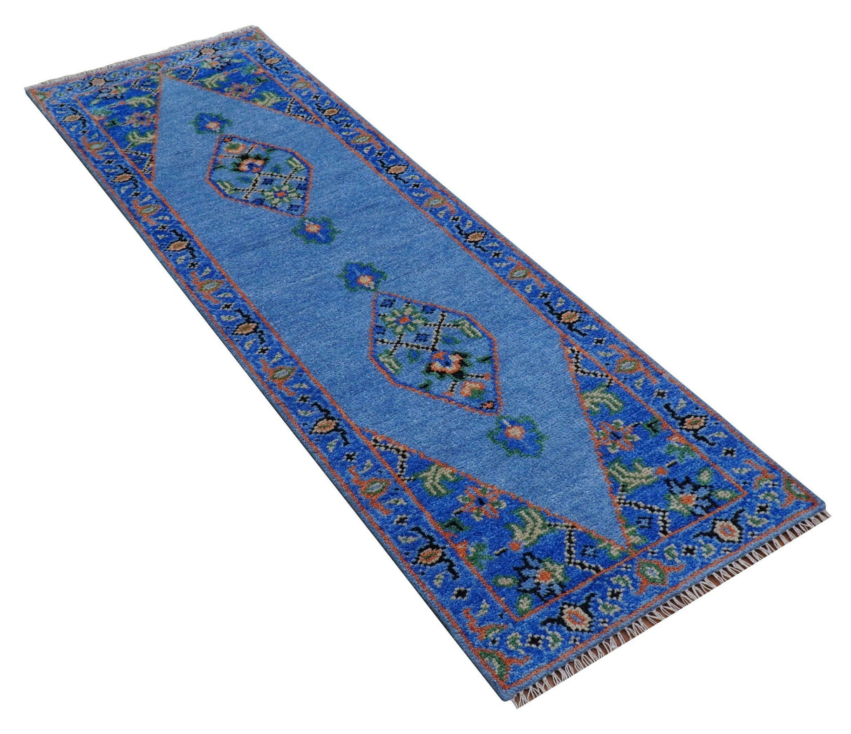 2.6x8 Hand Knotted Traditional Blue And Rust Wool Rug