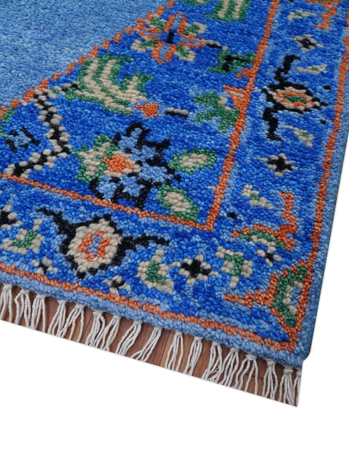 2.6x8 Hand Knotted Traditional Blue And Rust Wool Rug
