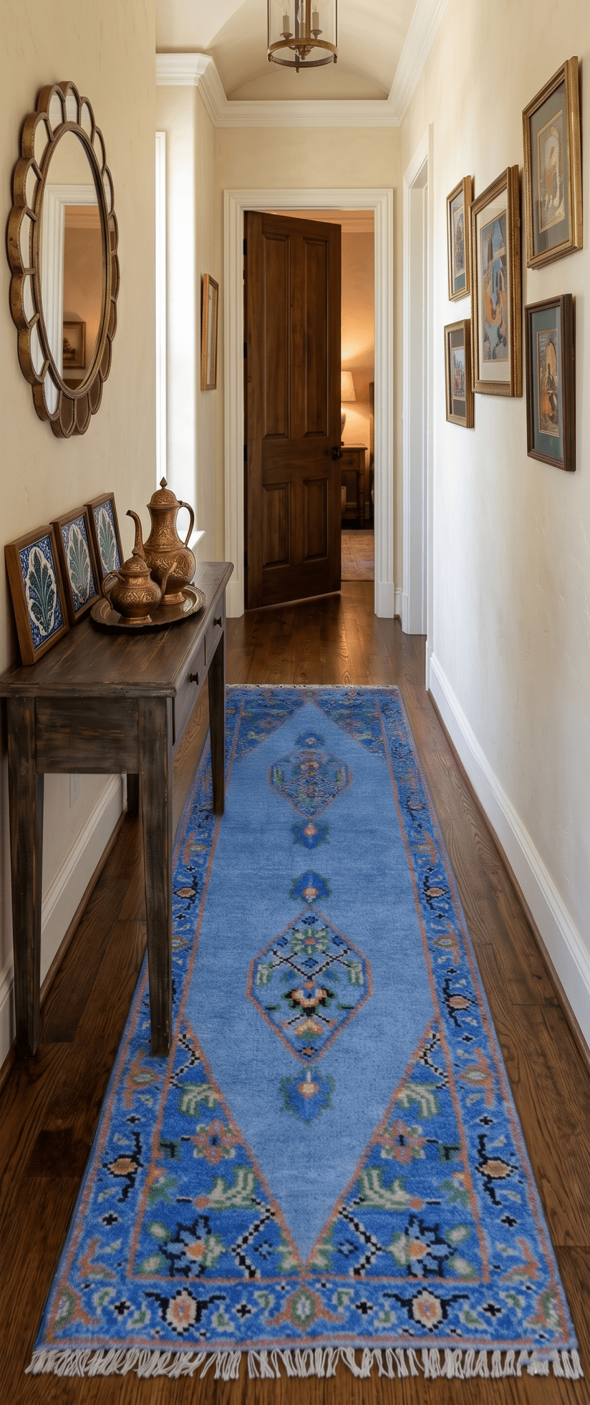 2.6x8 Hand Knotted Traditional Blue And Rust Wool Rug