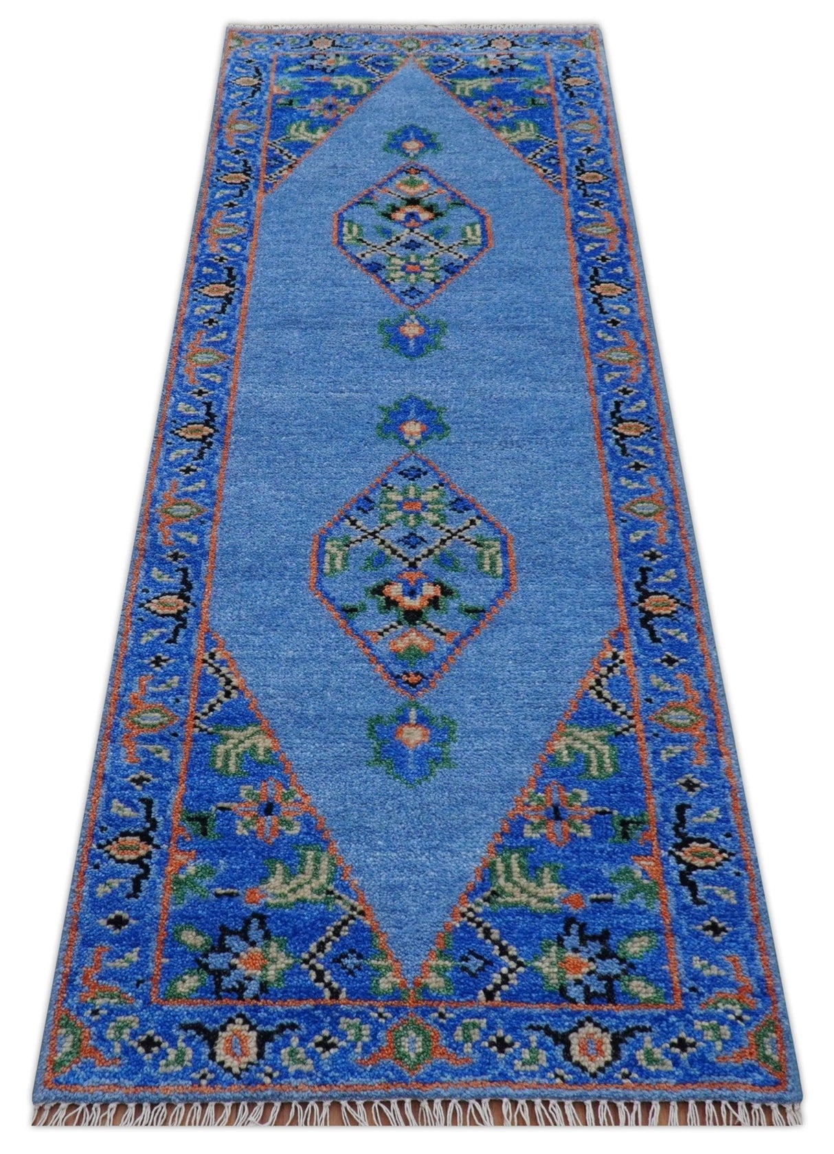 2.6x8 Hand Knotted Traditional Blue And Rust Wool Rug