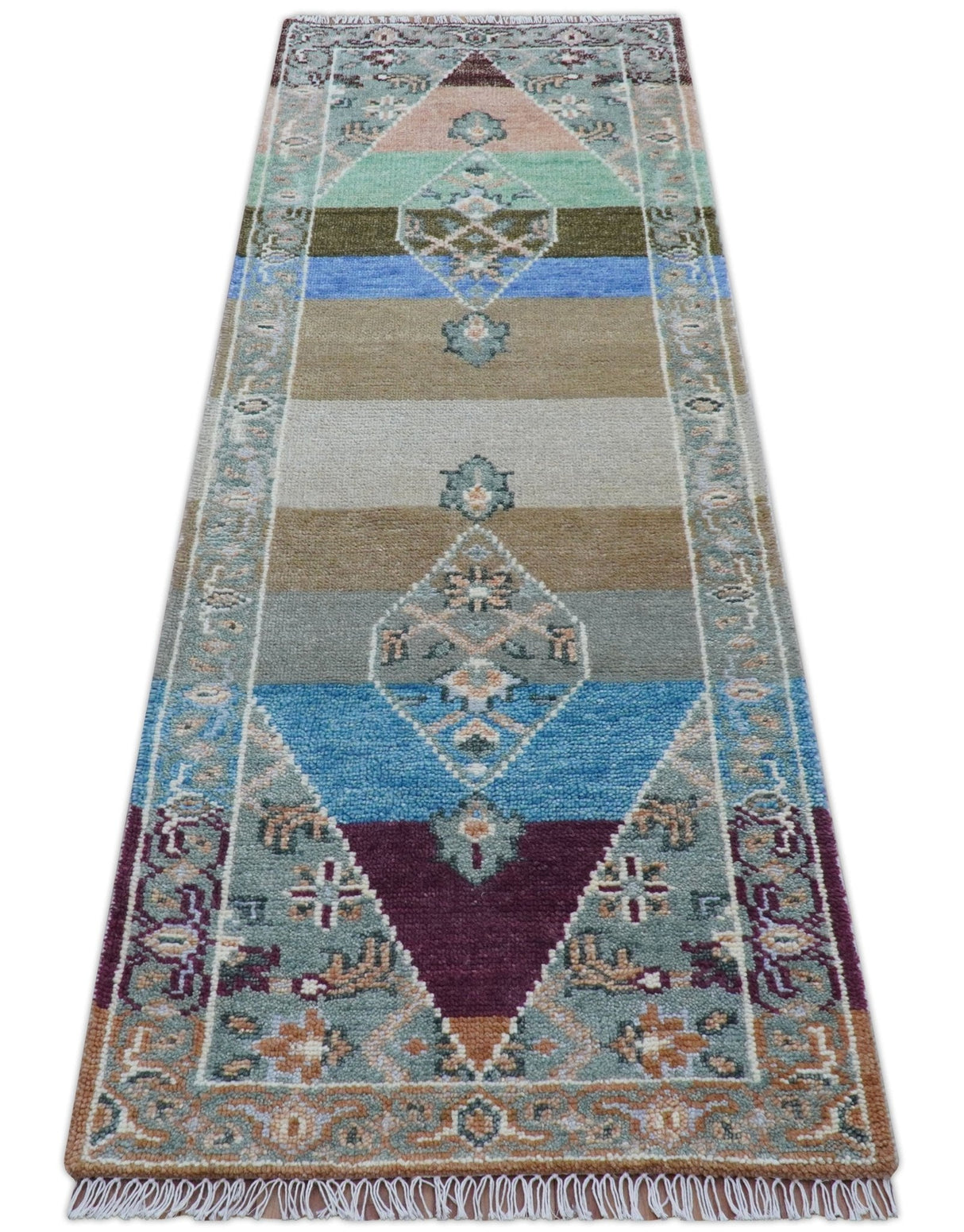 2.6x8 Hand Knotted Transitional Design Multicolor Wool Rug