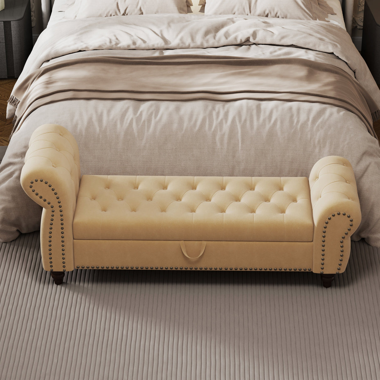 64.5' Velvet Upholstered Bed Bench with Storage and Tufted Nails