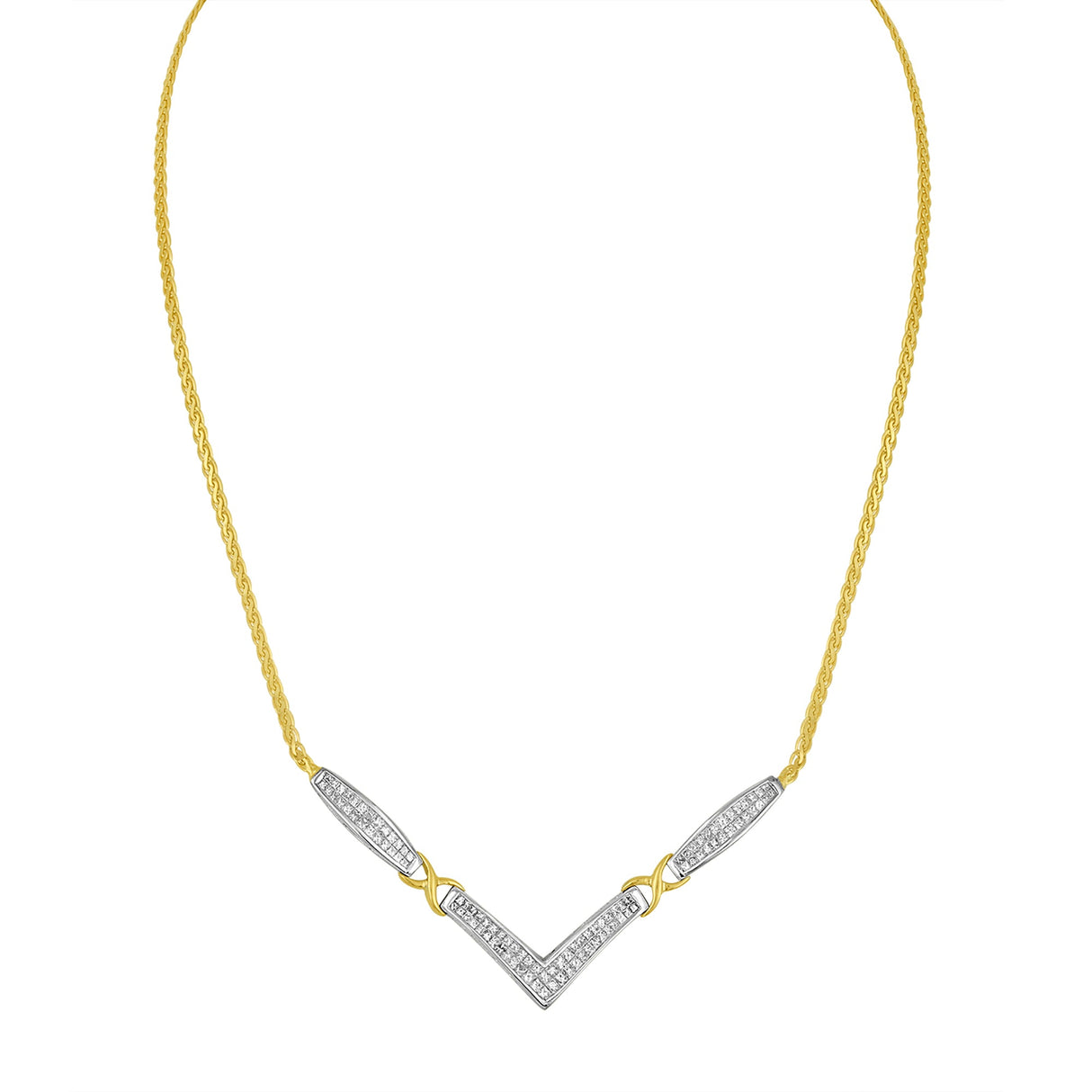 14K Yellow and White Gold 2.0 Cttw Princess Cut Diamond Flared and X-Station V Shaped 18†Franco Chain Statement Necklace (H-I Color, SI2-I1 Clarity)