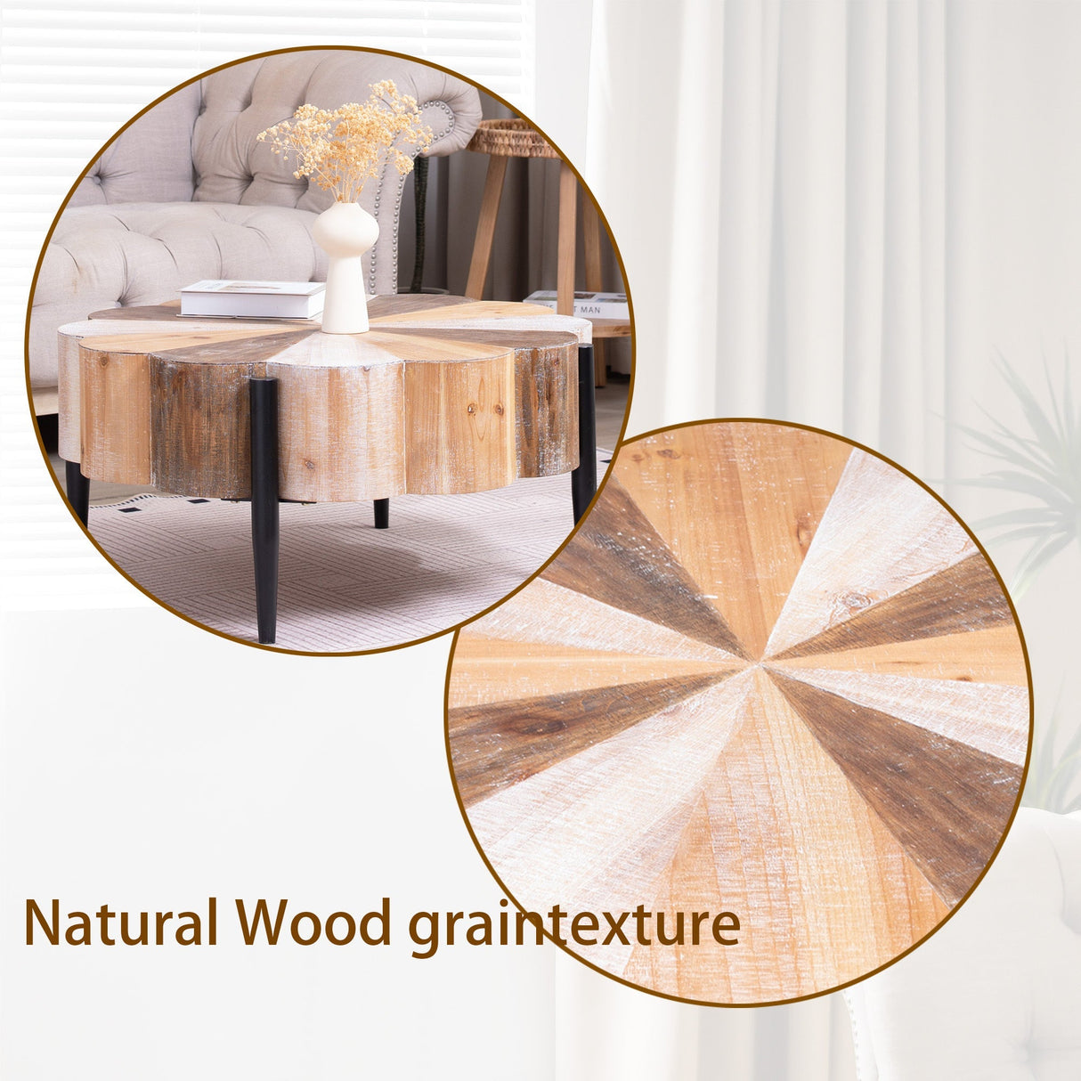 Rustic Manufactured Wood Flower - Shaped Coffee Table with Metal Legs, 31.7' Diameter Vintage Distressed Center Table for Living Room
