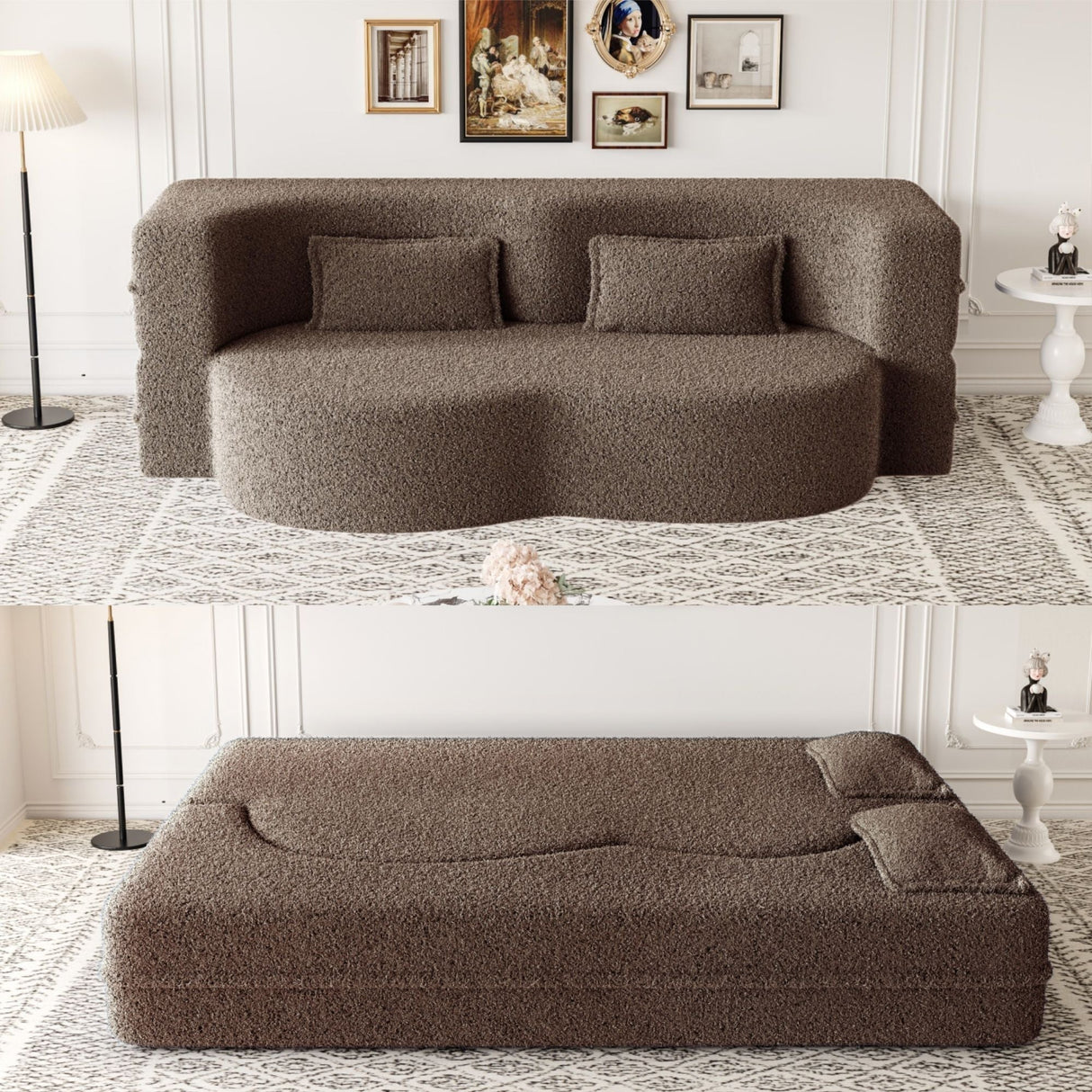 Modern Floor Sofa with 2 Pillows, Convertible Teddy Fabric Foam Filled Bed
