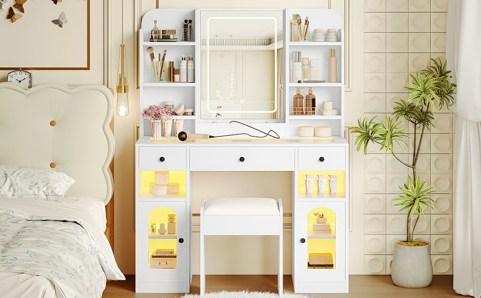 43.2" Vanity Desk with LED Mirror and Lights