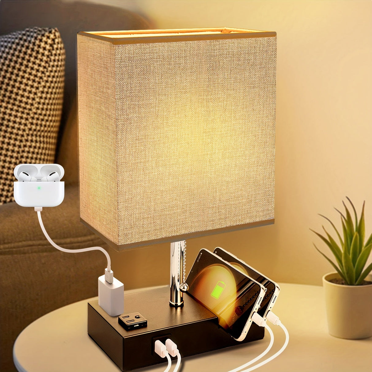 USB Table Lamp with AC Outlet – 3 Color Bedside Lamp with Fabric Shade & Bulb