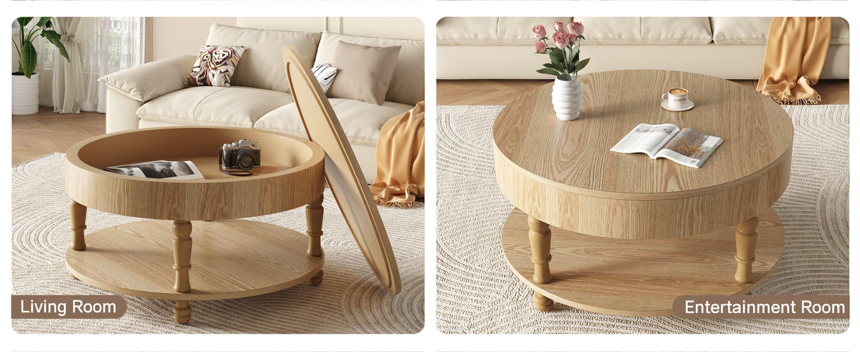 Coffee Table with Dual Storage for Living Room31.5' Modern Round Coffee Table with Storage and Hidden CompartmentAdjustable Leveling FeetEasy Assembly(Natrual Wood)