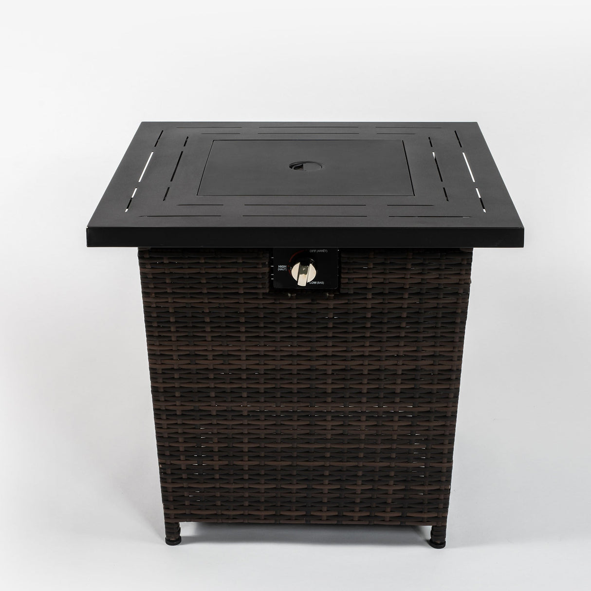 28-Inch Black Wicker Outdoor Propane Gas Fire Pit Table with Steel Top and 50,000 BTU Heat Output