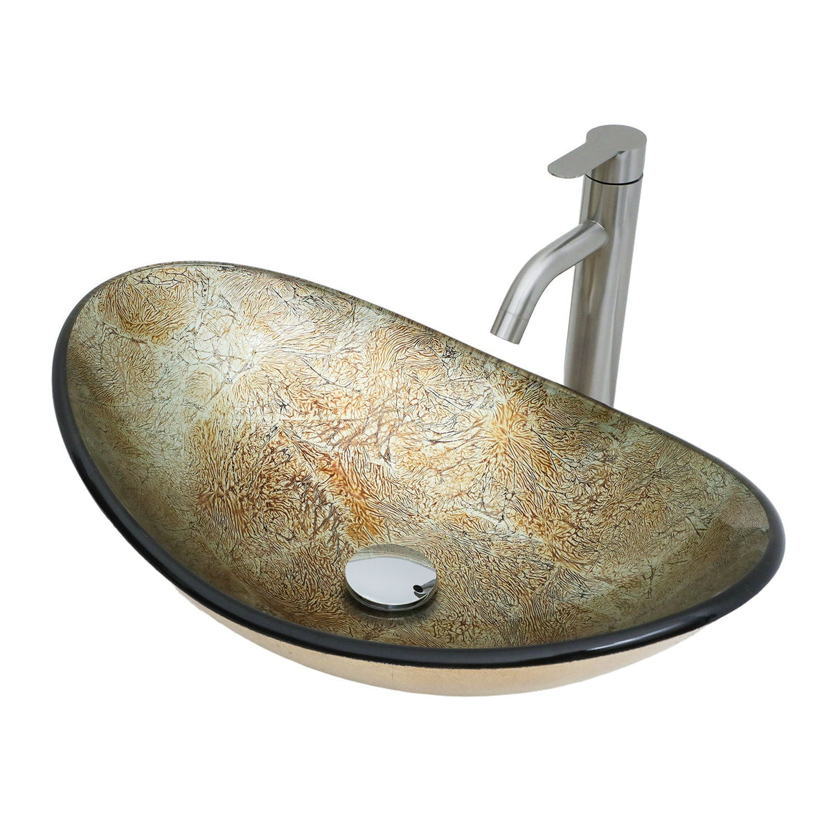 Tempered Glass Vessel Sink With Boat Shape Pop-Up Drain