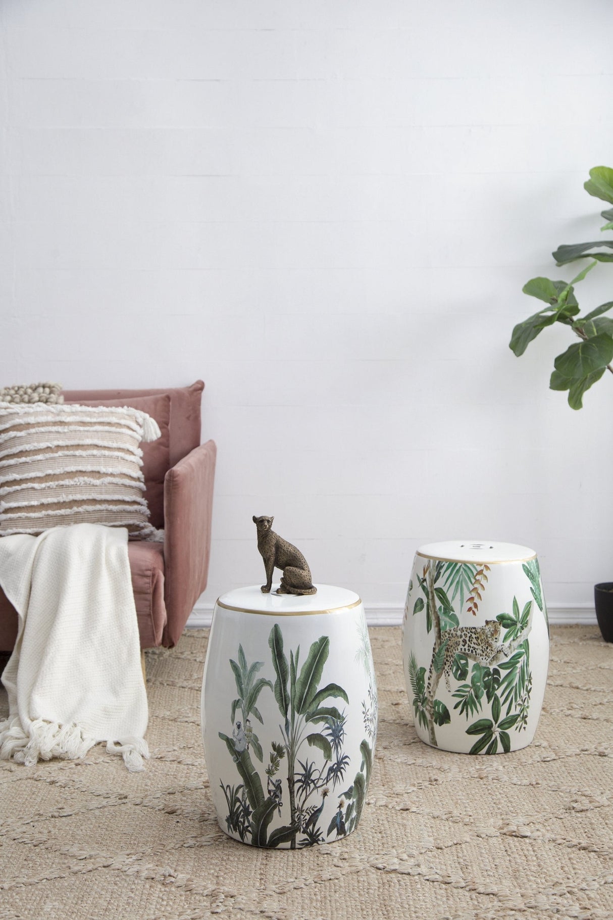 13x13x18" Ceramic Garden Stool Jungle-Themed Accent Side Table