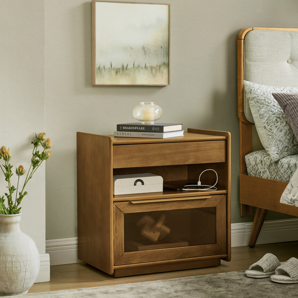 Mid Century Modern Nightstand with Charging Station & 2 Drawers