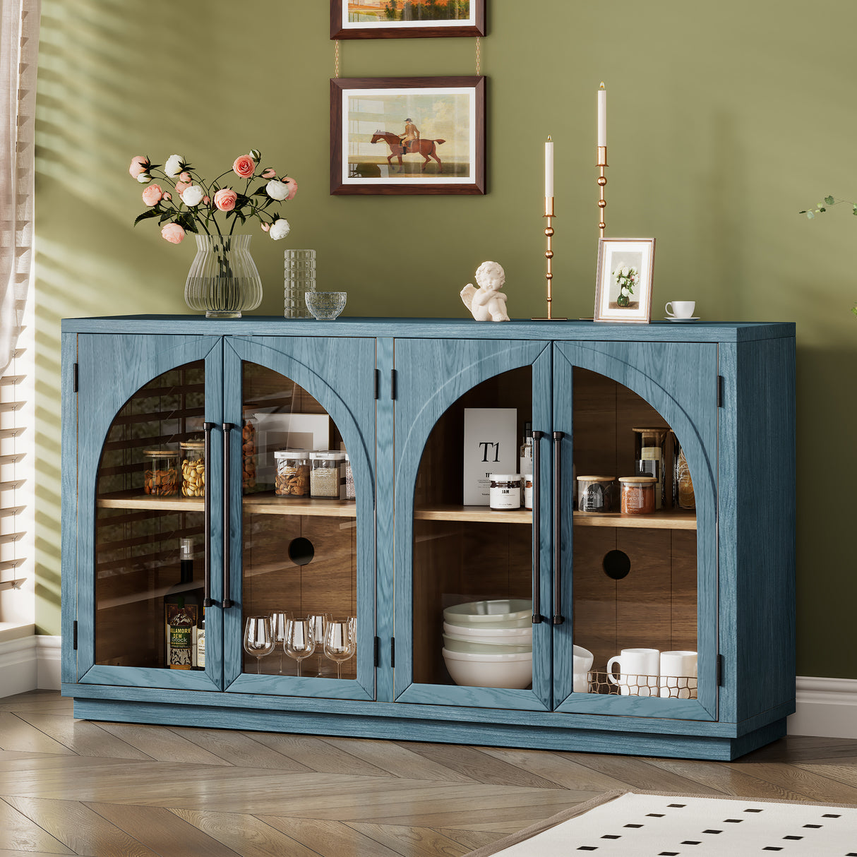 4-Door Large Storage Sideboard Buffet Cabinet with Glass Doors (Navy)
