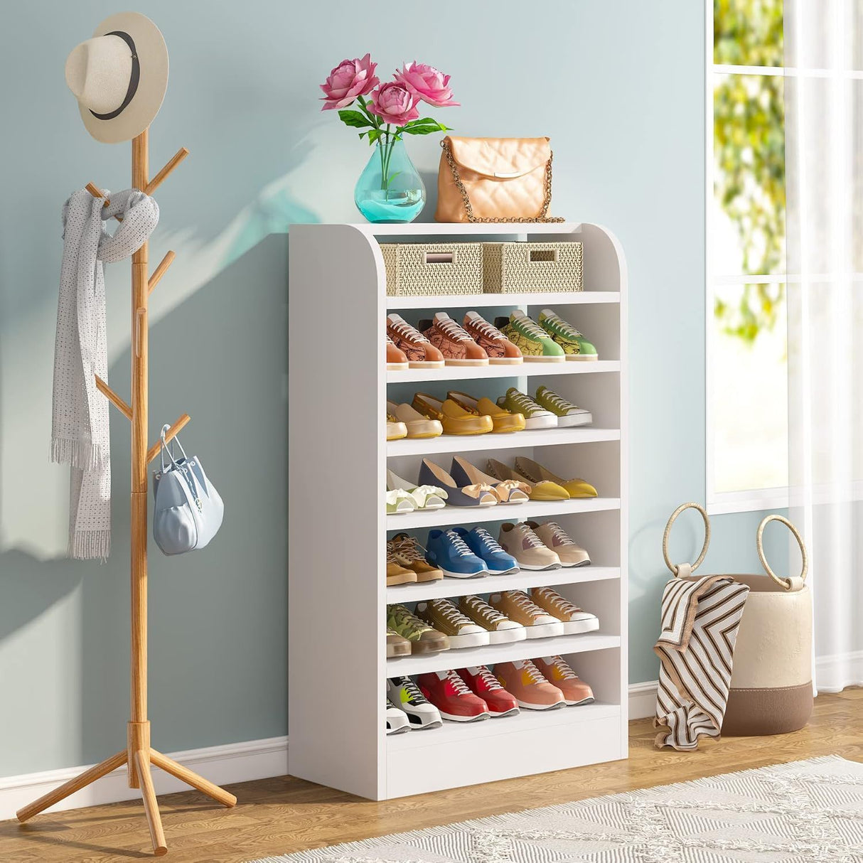 8 Tier Tall Shoe Rack, Wooden Shoe Storage Cabinet, Entryway Organizer - White