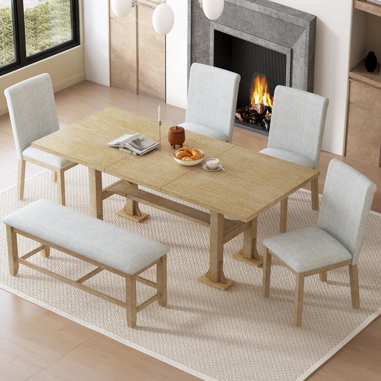 Artisanal 6-Piece Extendable Solid Wood Dining Set with Bench Seating