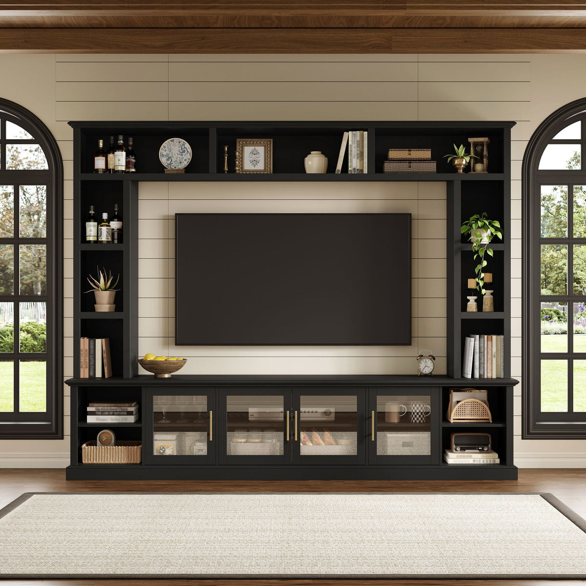 All-In-One Entertainment Center with Tempered Glass Doors - Black or White