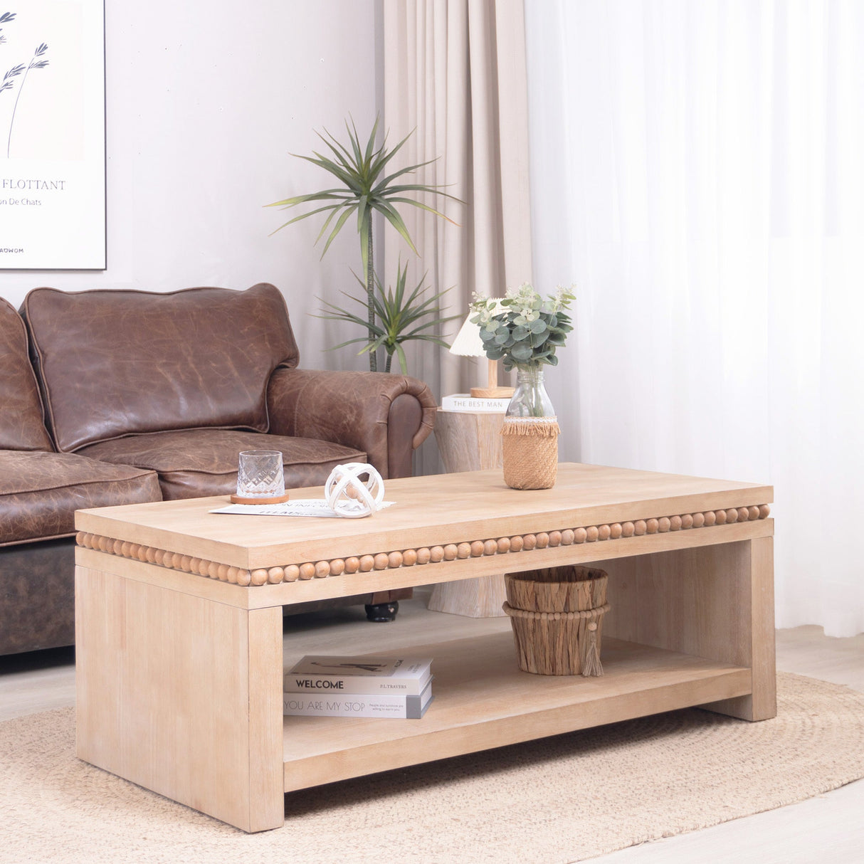 Modern Wood Coffee Table with Beaded Trim – 47 Rectangular Coffee Table with Open Storage Shelf, Light Natural Finish – Farmhouse & Coastal Living Room Furniture