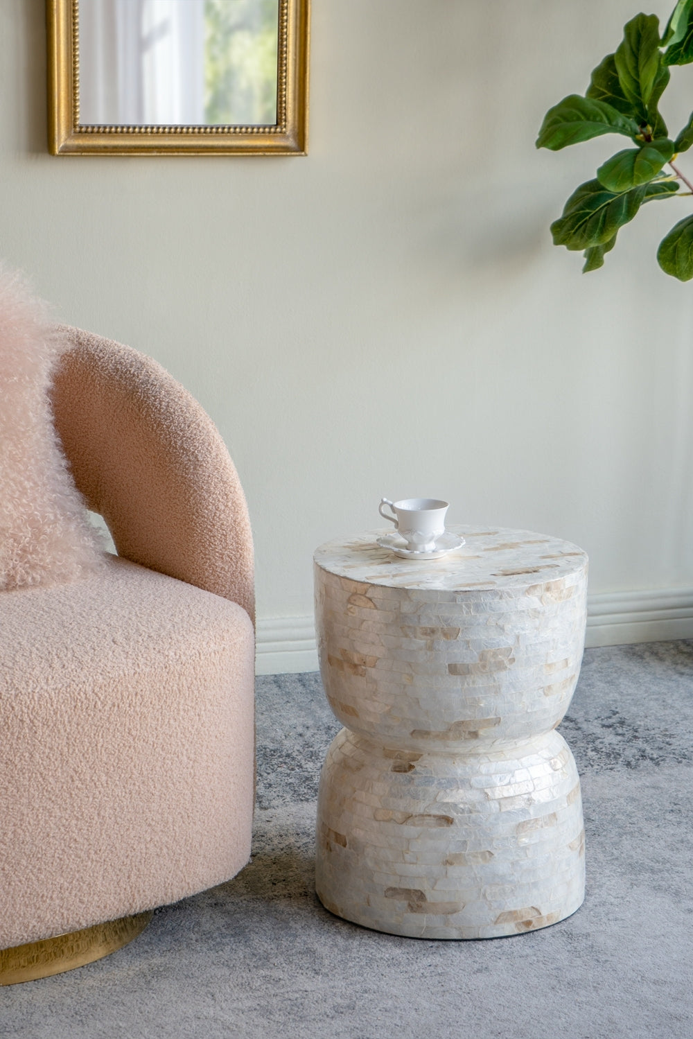 14x14x18'-Decorative-Bamboo-Hourglass-Stool-with-Gold-and-White-Capiz-Shell-Finish-