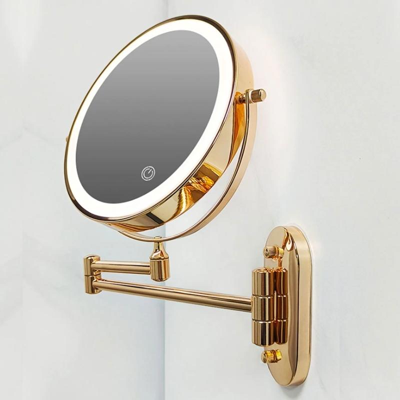 Rechargeable LED Makeup Mirror 10X Magnifying Wall Mount Gold