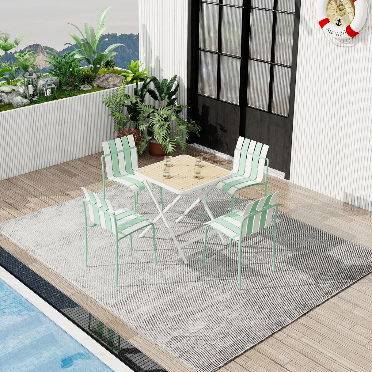 4 Piece Set Of Modern Color Block Designed Single Chairs With Folding Square Table