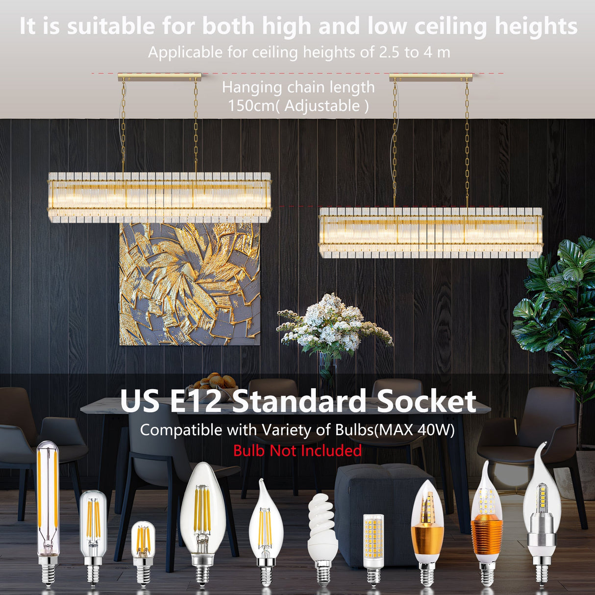 Modern Rectangular Crystal Glass Chandelier, 10-Lights Glod Chandelier Lighting Contemporary Pendant Ceiling Light Fixture for Dining Room Living Room Kitchen Island