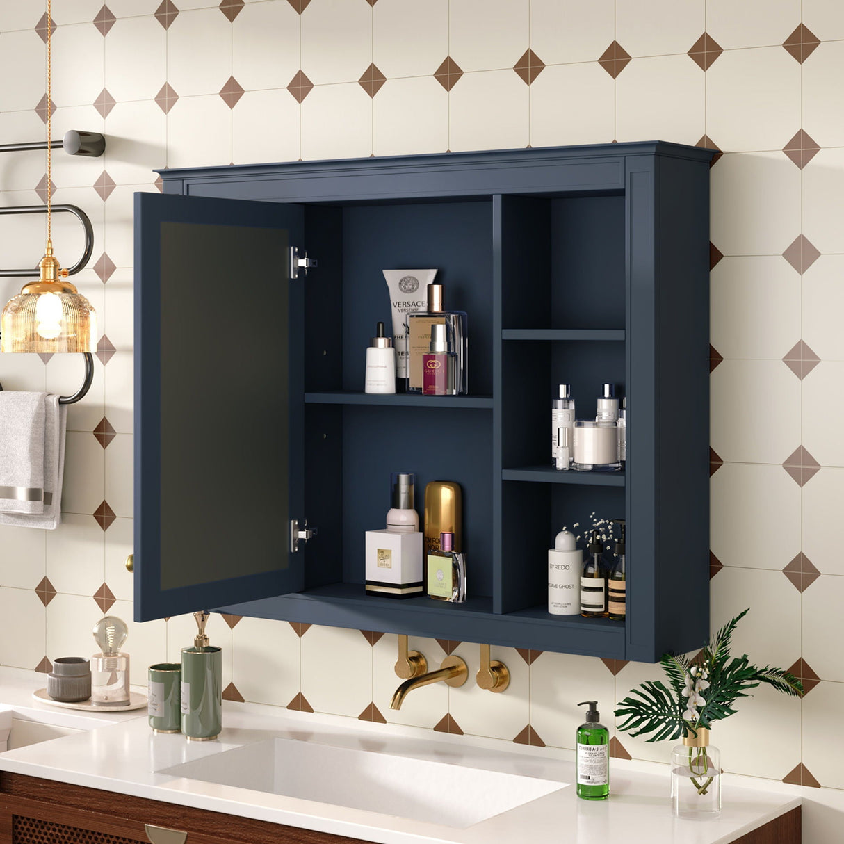 Wall Mounted Medicine Cabinet With Mirror and 6 Open Shelves