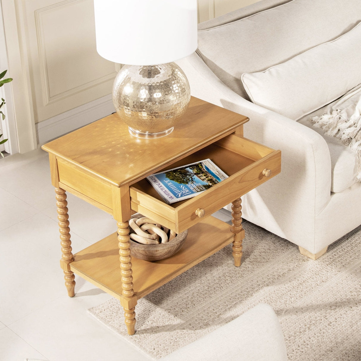 28" Side Table with Turned Legs, Shelf and Drawer - Side Tables