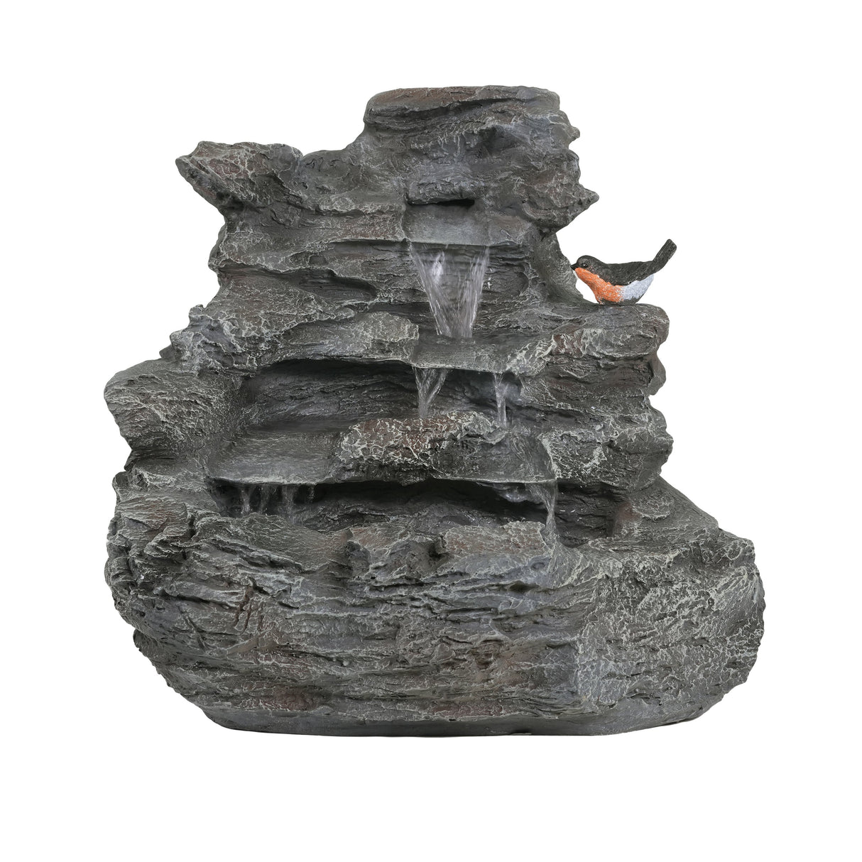 4-Tiered Gray Concrete Rock Waterfall Fountain with LED Lights