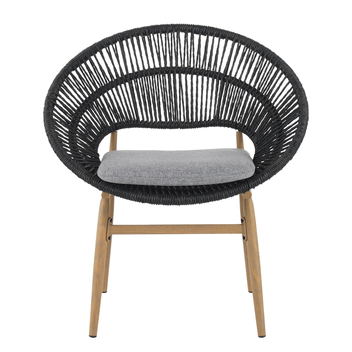 Cyril Outdoor Wicker Papasan Style Dining Chair with Teak Finished Leg and Dark Gray Faux RattanGray CushionSet of 2
