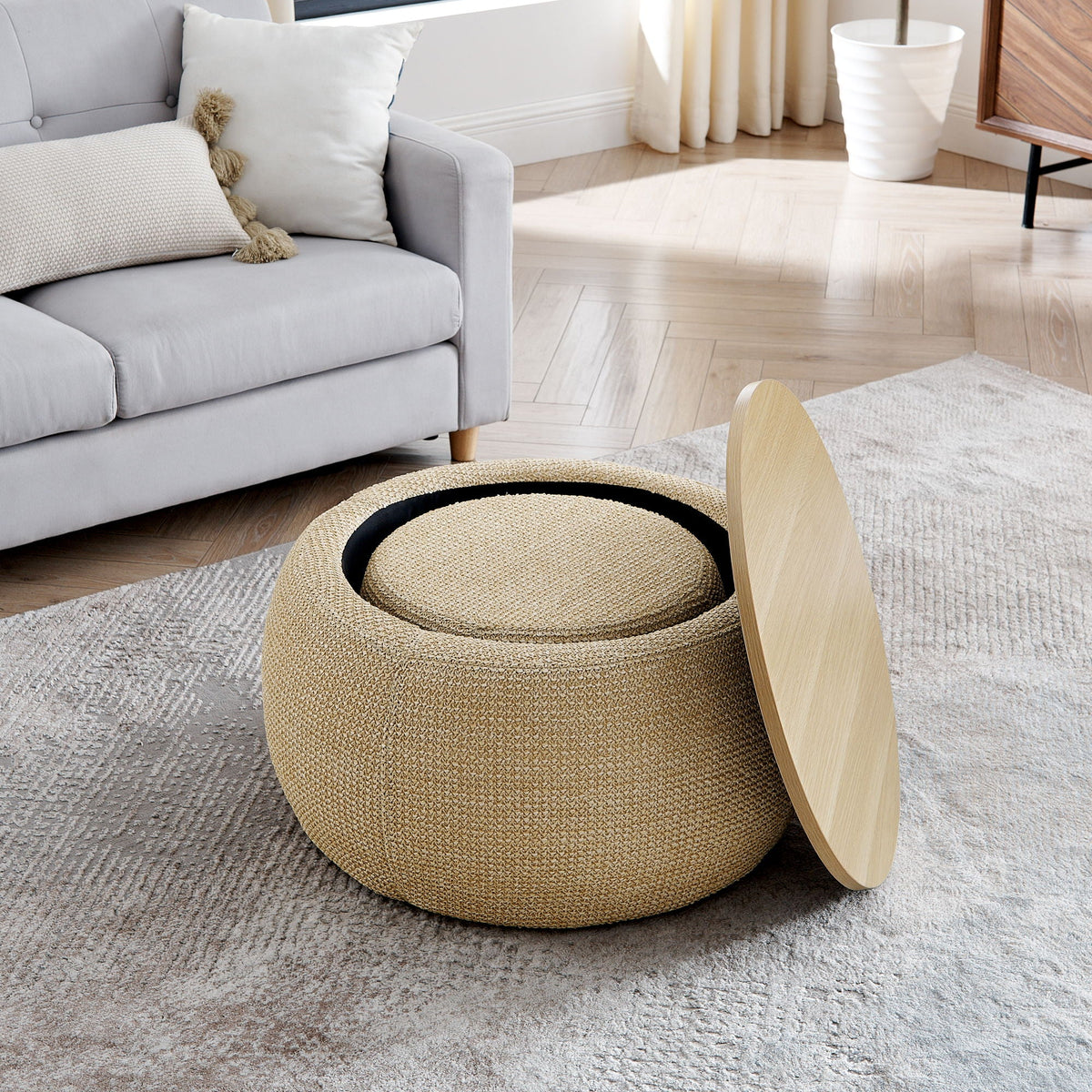 Round Storage Ottoman, 2 In 1 Function, End Table And Ottoman