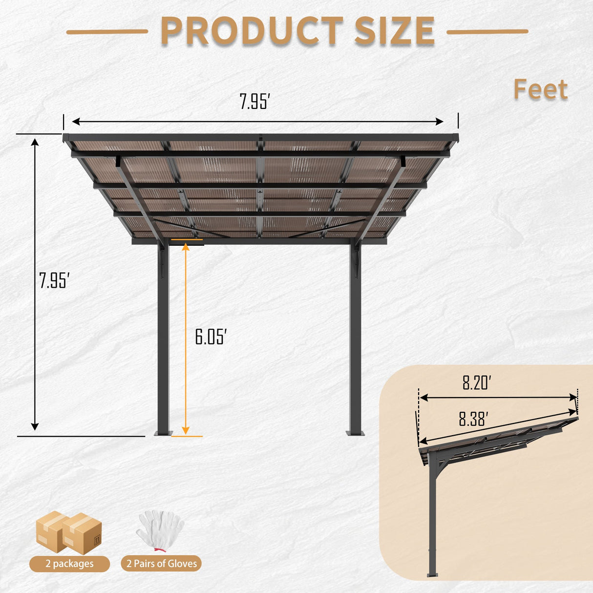 8x8FT Outdoor Carport with Galvanized Steel Frame and Sloped PC Roof