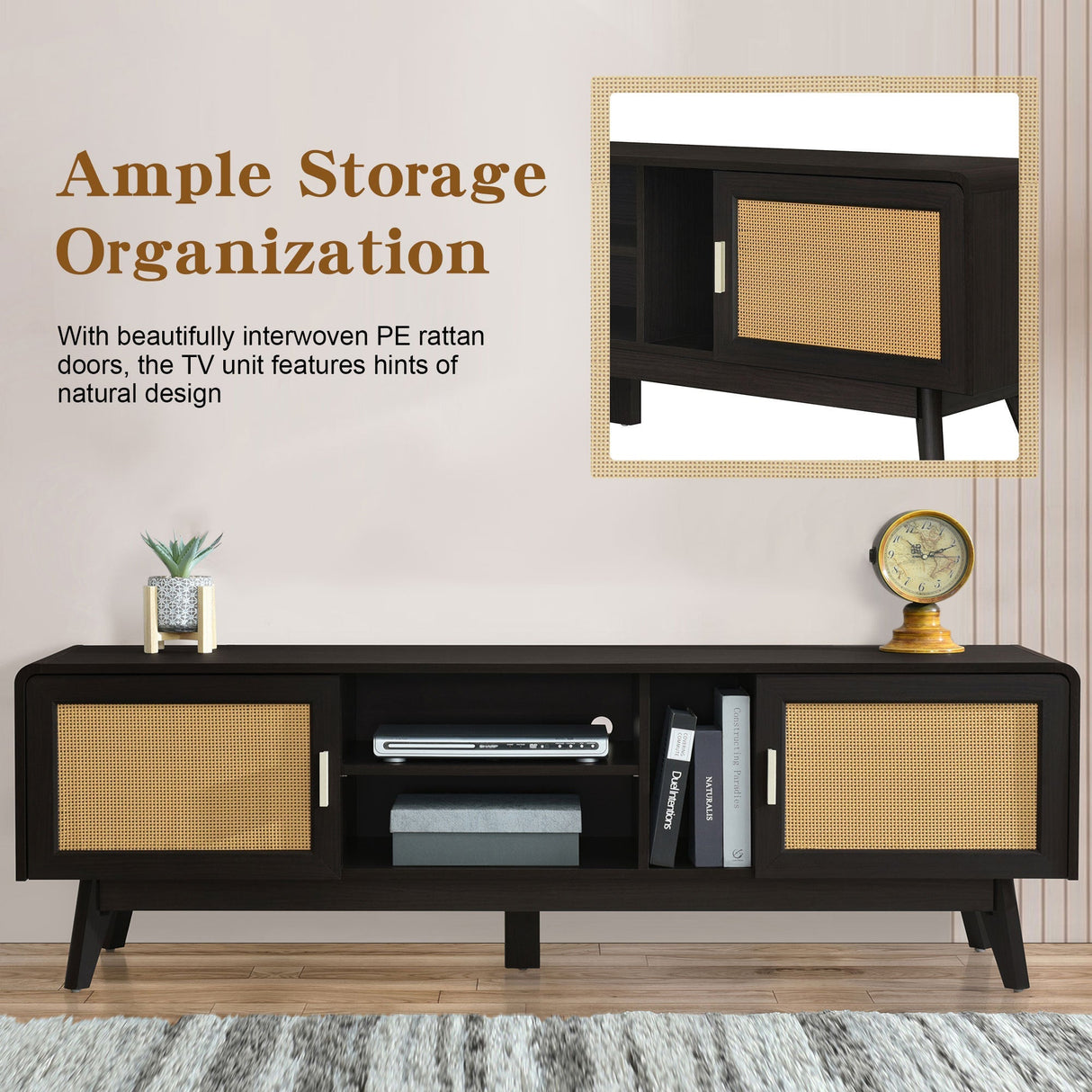 63'' Dark Rattan TV Stand with 2 Storage Cabinets and Solid Wood Legs
