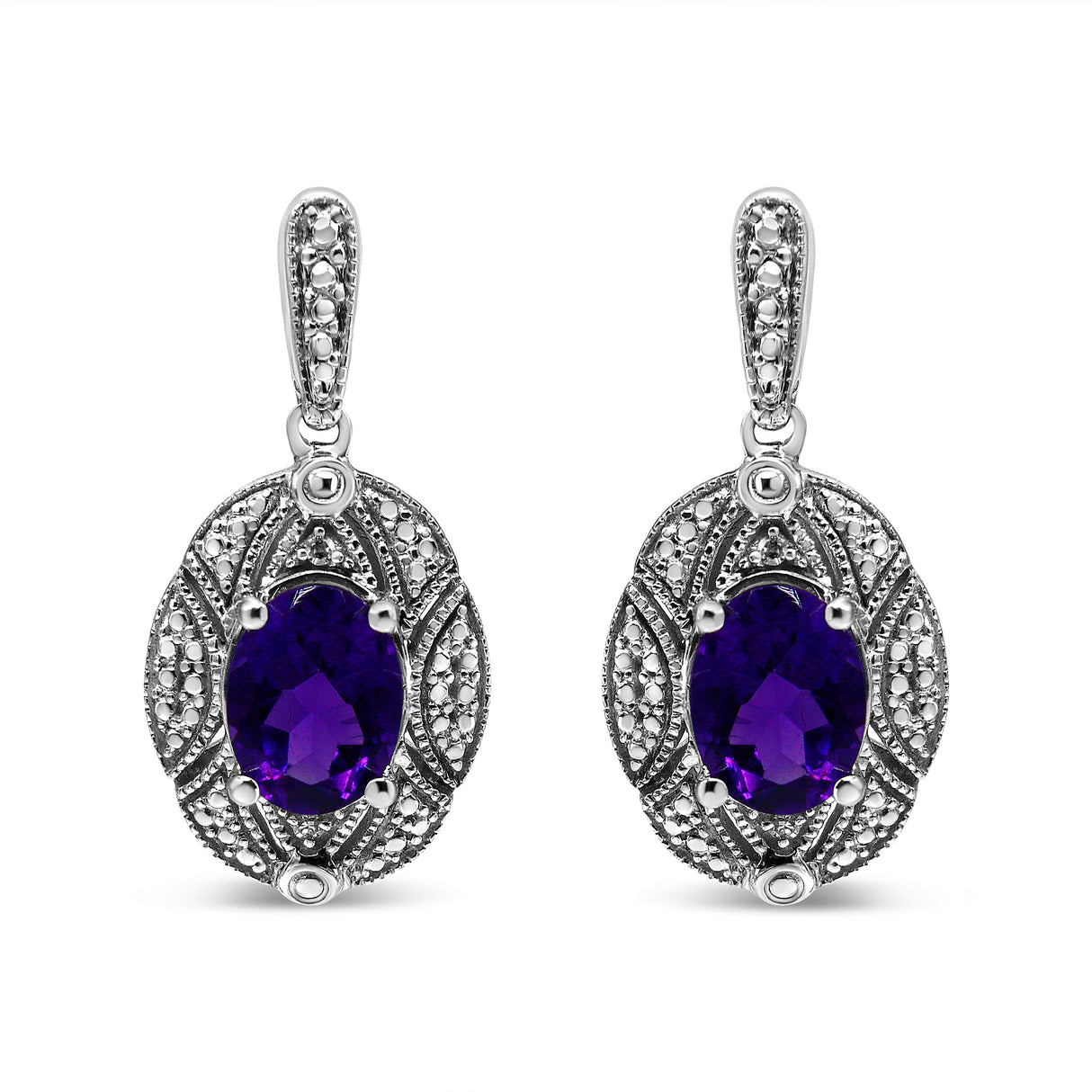 .925 Sterling Silver Diamond Accent and 8x6mm Purple Oval Amethyst Stud Earrings (I-J Color, I1-I2 Clarity)